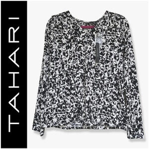 NWT TAHARI Long Sleeve Black & White Abstract Blouse, Comfortable Career Wear, M